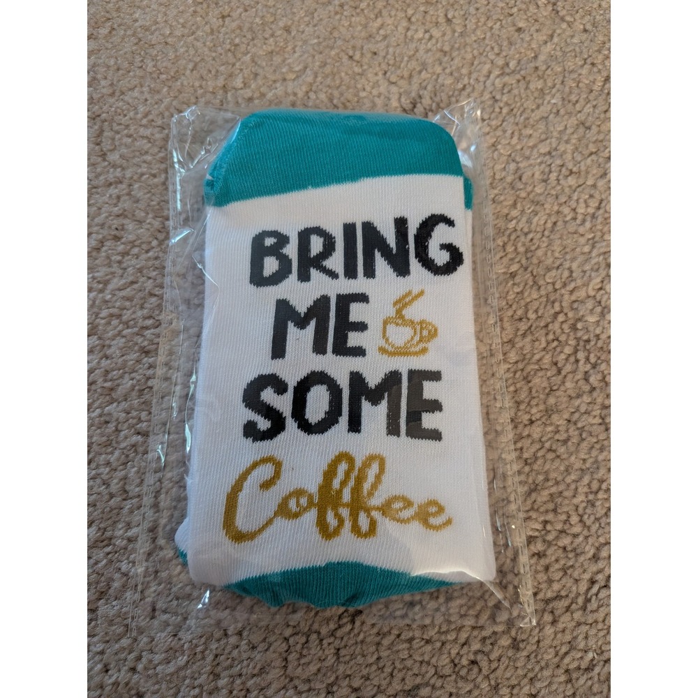 Bring Me Some Coffee Novelty Crew Socks Teal Accent Grip Socks